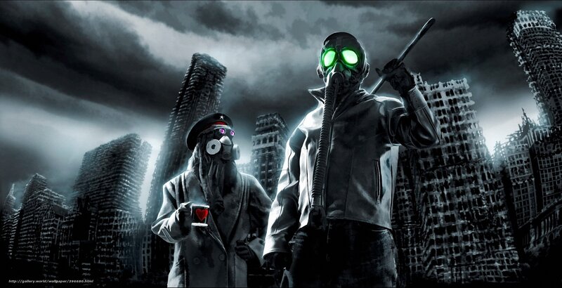Two Figures in Gas Masks — Black, Dramatic
