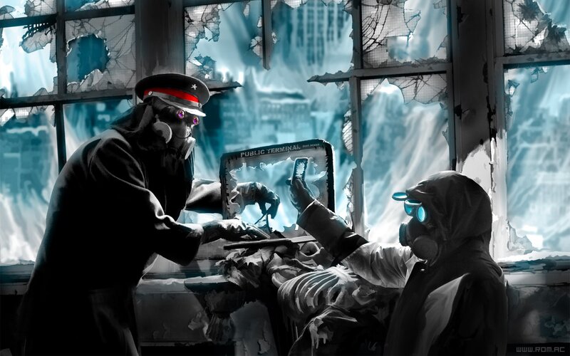 Two Figures in Gas Masks — Black