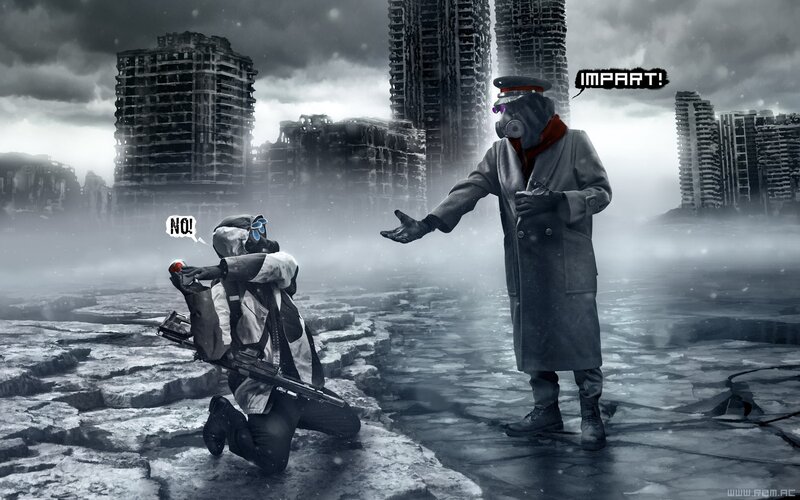 Two Figures in Gas Masks — Gray, Dramatic, Digital Art