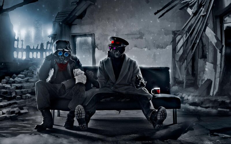 Two Figures in Gas Masks — Gray, Dramatic