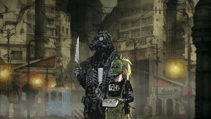 Two Figures in Gas Masks — Green, Dramatic, Night