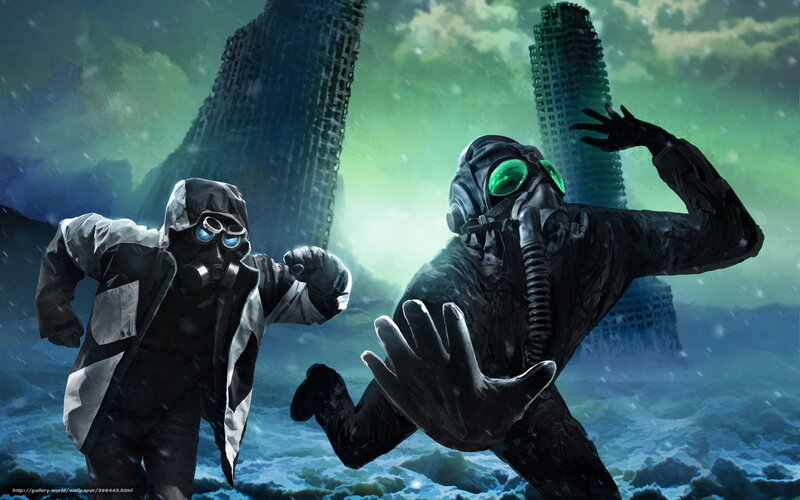 Two Figures in Gas Masks — Green, Dramatic