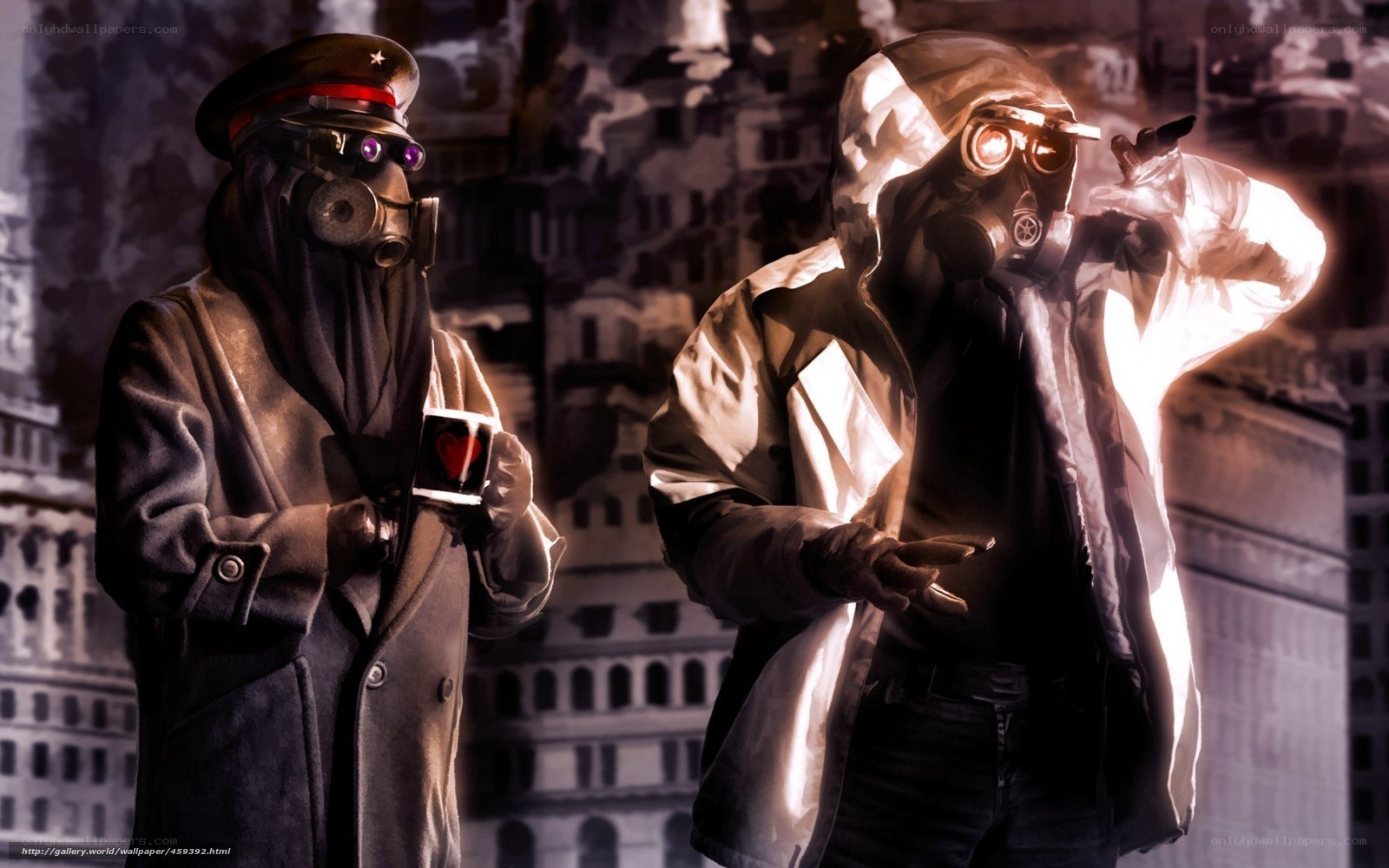 Two figures in gas masks