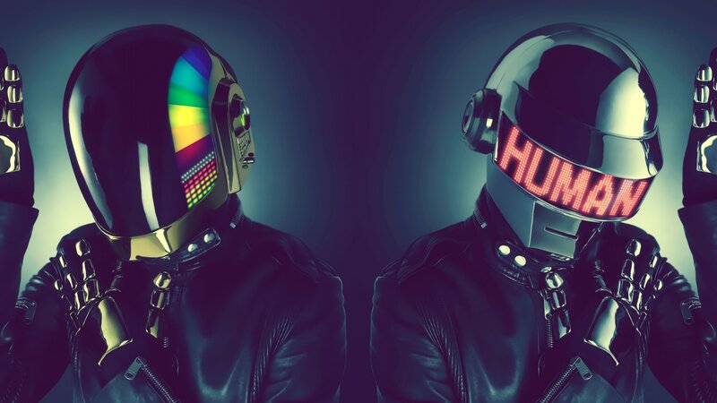 Two Figures in Helmets — Black, Dramatic, Digital Art, Leather Jackets, Led Display