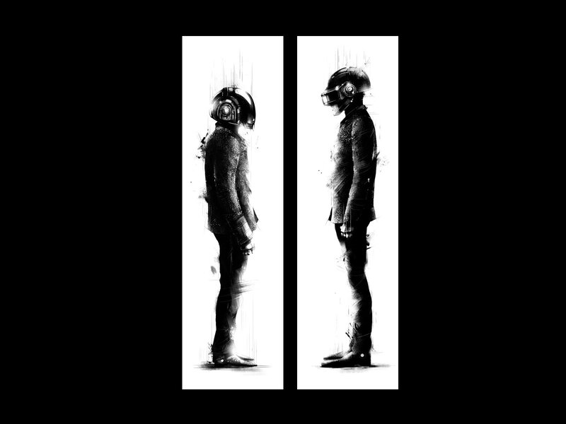 Two Figures in Helmets — Black, Dramatic, Illustration, Suits, Side Profiles