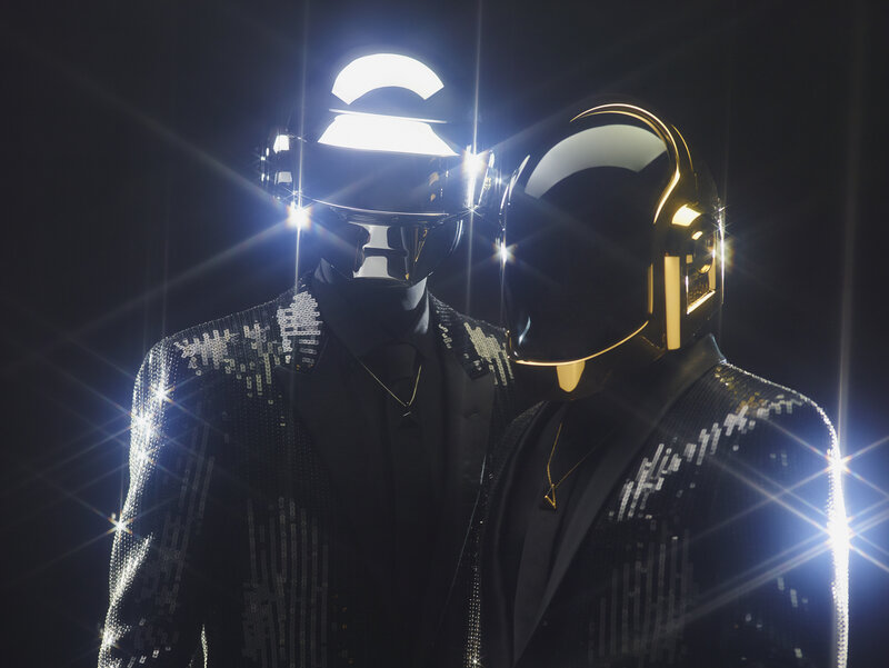 Two Figures in Helmets — Black, Dramatic, Night