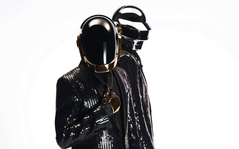 Two Figures in Helmets — Black, Dramatic, Photograph, Sequin Jacket, White Background
