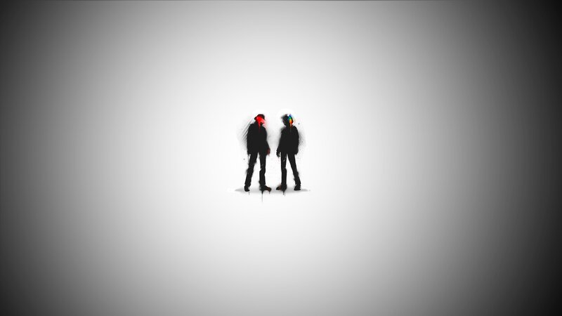 Two Figures in Helmets — Black, Minimalist