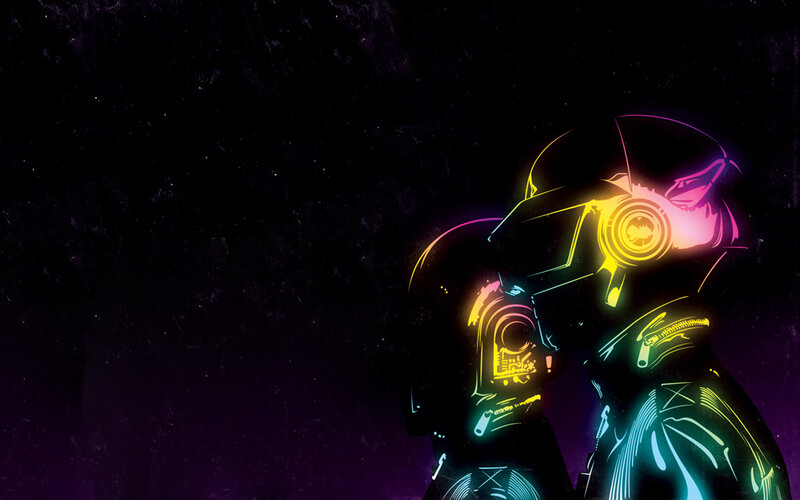 Two Figures in Helmets — Black, Neon Lights