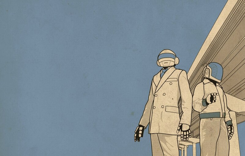 Two Figures in Helmets — Blue, Calm, Afternoon, Illustration