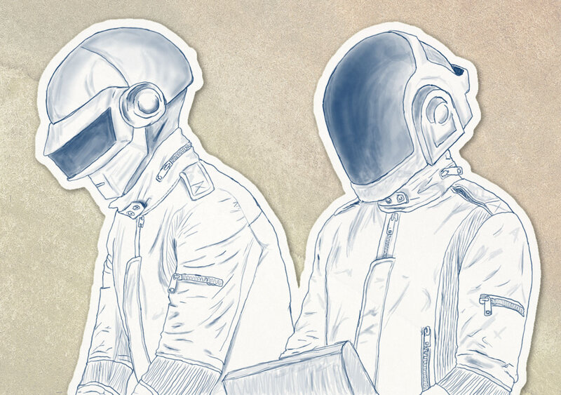 Two Figures in Helmets — Blue, Calm, Illustration