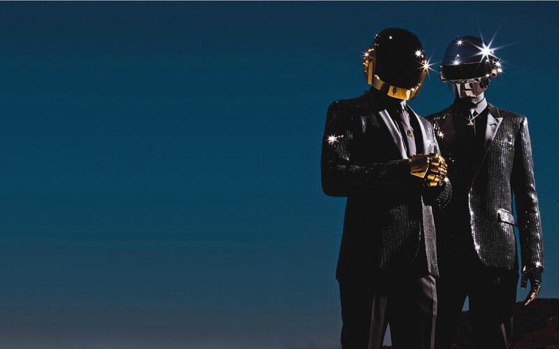 Two Figures in Helmets — Blue, Dramatic, Night, Photograph, Suits