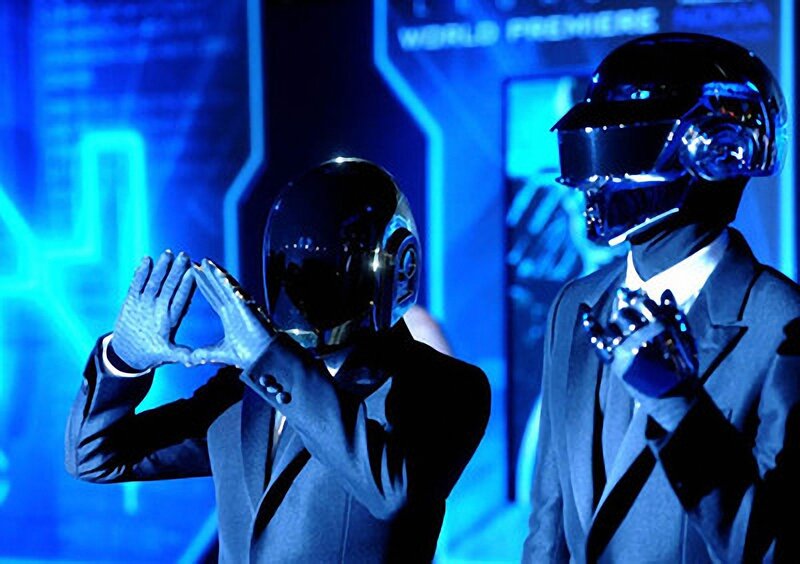 Two Figures in Helmets — Blue, Dramatic, Photograph