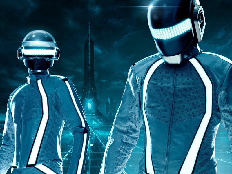 Two Figures in Helmets — Blue, Night