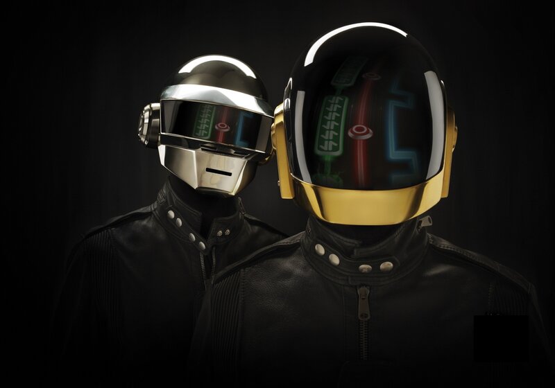 Two Figures in Helmets — Dark Background