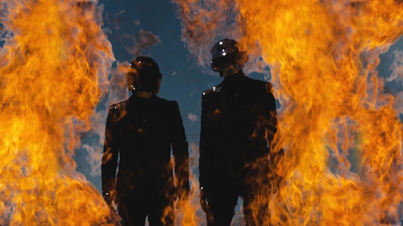Two Figures in Helmets — Orange, Dramatic, Photograph, Flames