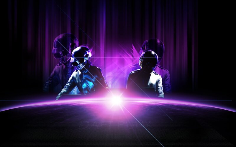 Two Figures in Helmets — Purple, Dramatic, Night