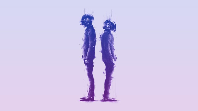 Two Figures in Helmets — Purple, Minimalist