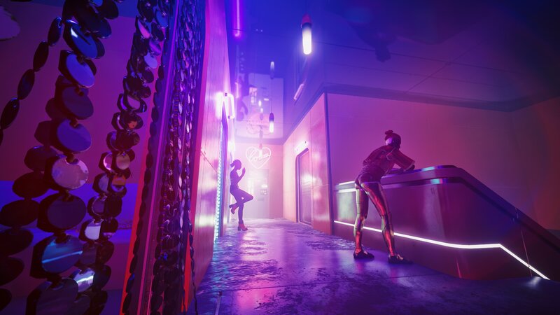 Two Figures in Neon-lit Corridor