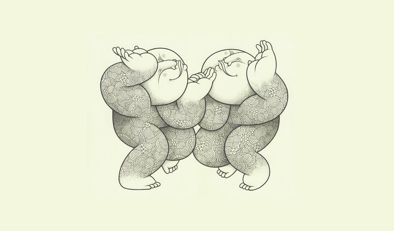 Two figures in patterned art