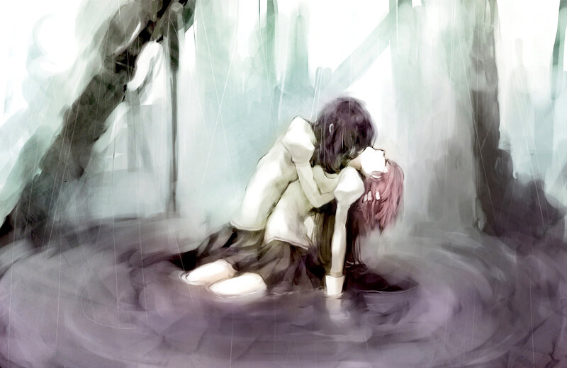 two figures in rain