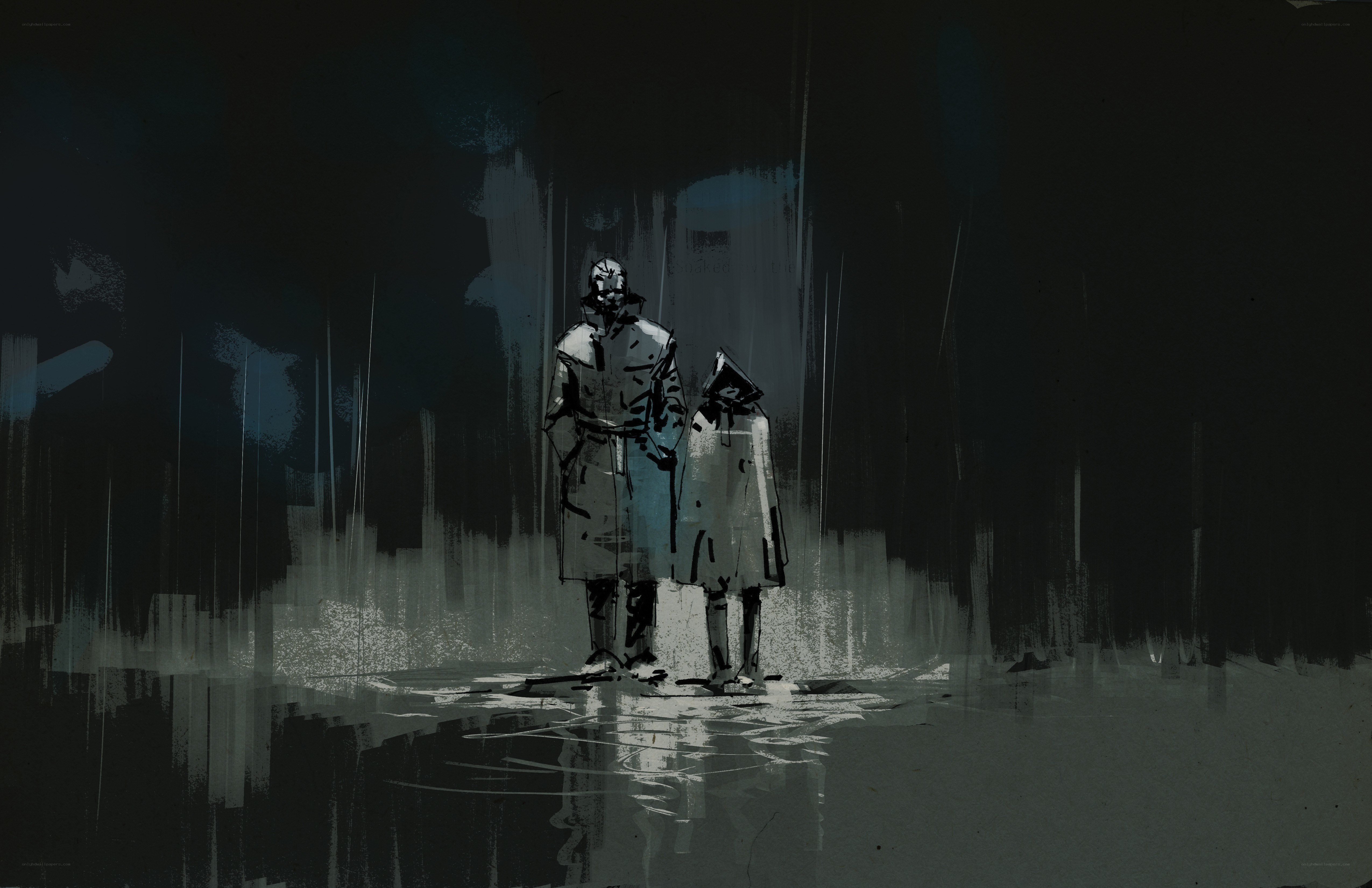 two figures in rain