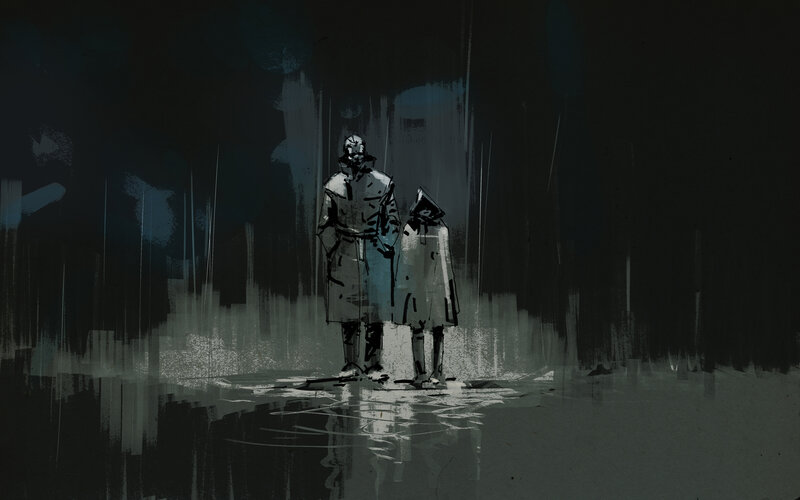 two figures in rain