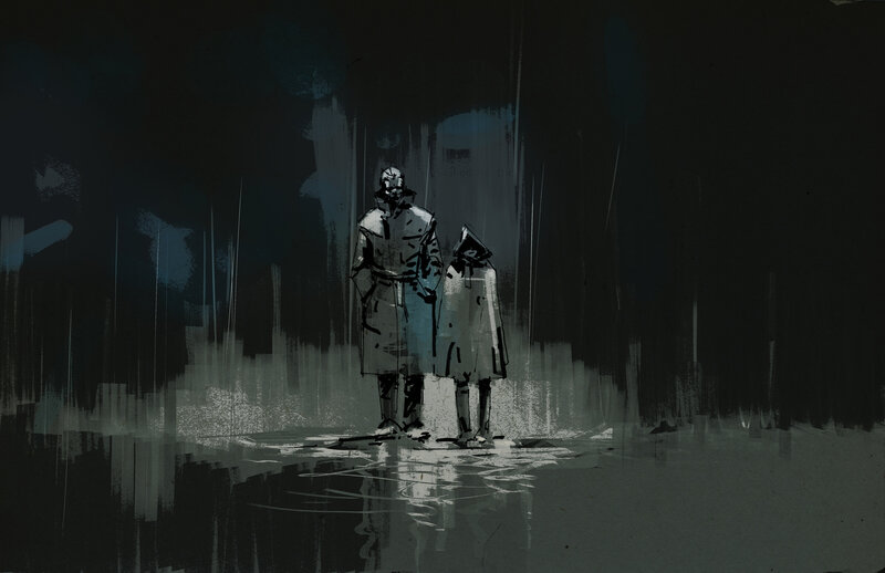 Two Figures in Rain — Black, Dramatic, Night