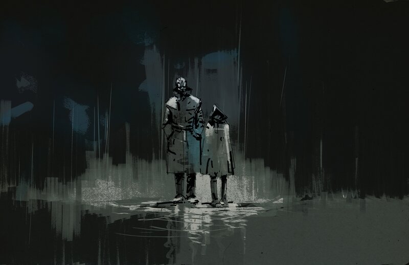 Two Figures in Rain — Black, Dramatic