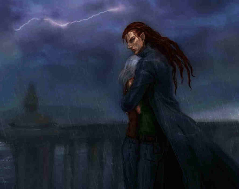 Two Figures in Rain — Blue, Dramatic, Night