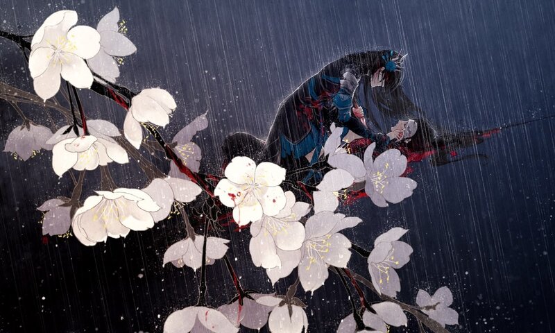 Two Figures in Rain — Dark Blue, Dramatic, Night