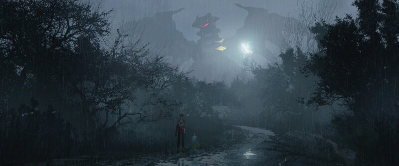Two Figures in Rain — Gray, Dark