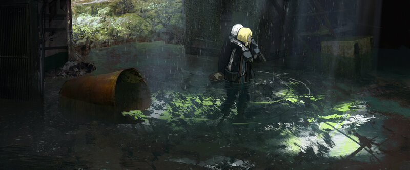 Two Figures in Rain — Green