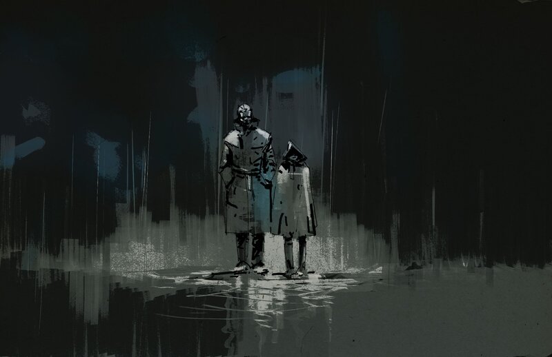two figures in rain