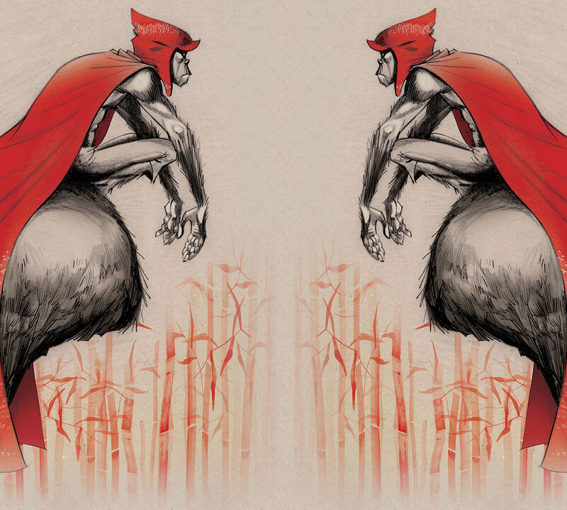 Two figures in red capes