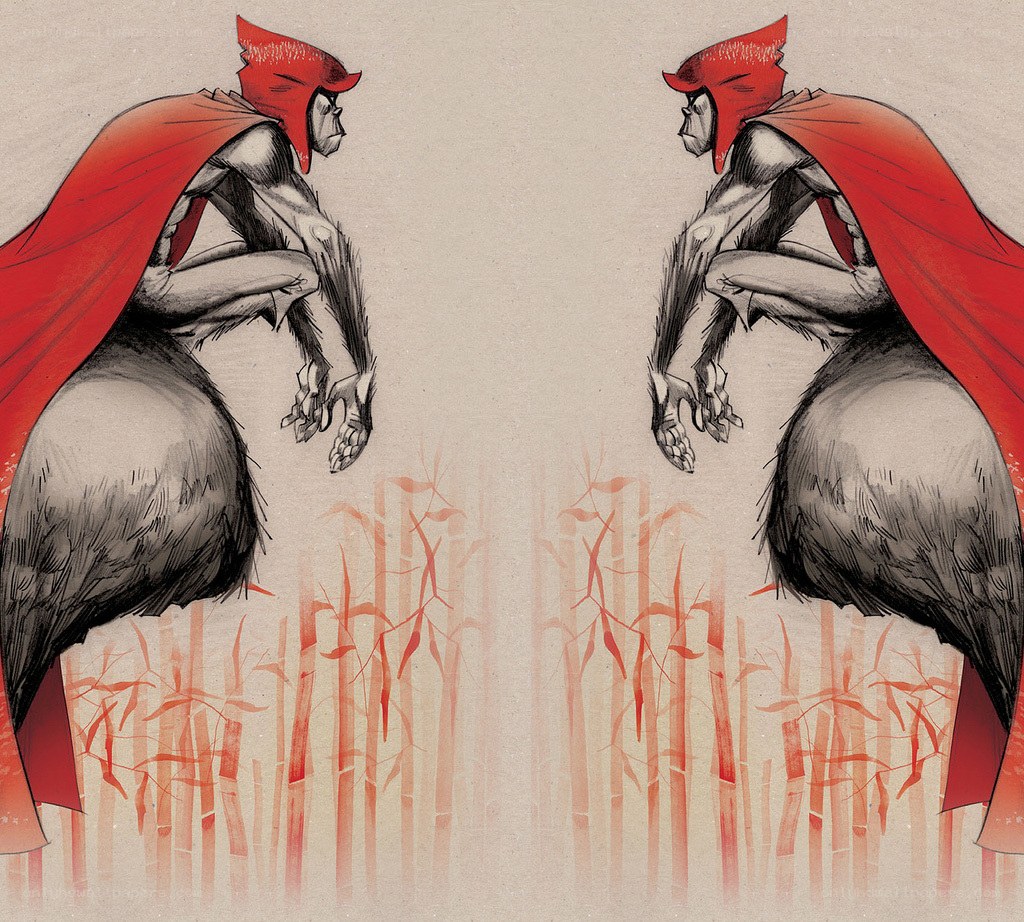 Two figures in red capes