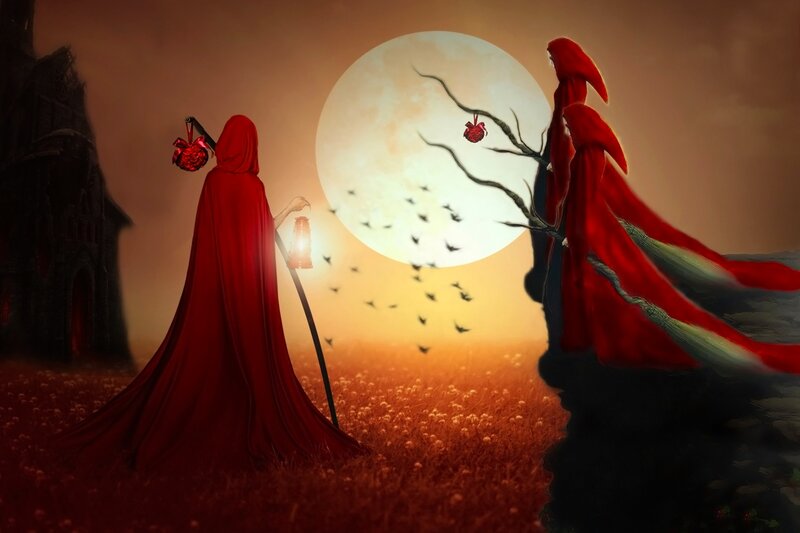 Two Figures in Red Cloaks — Dramatic, Night