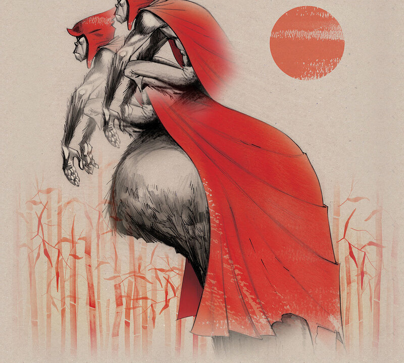 Two Figures in Red Cloaks — Dramatic, Sunset