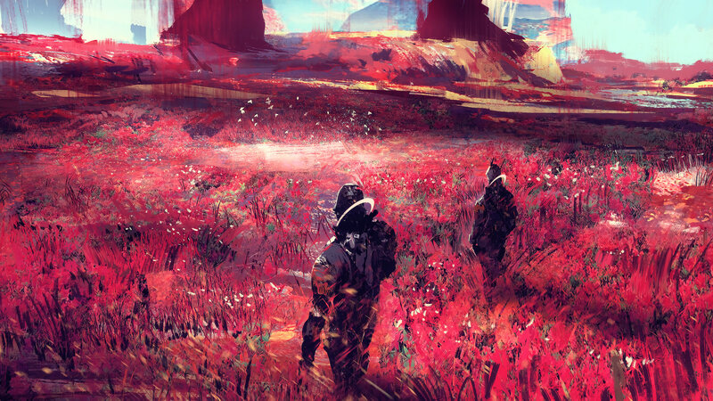 Two Figures in Red Field