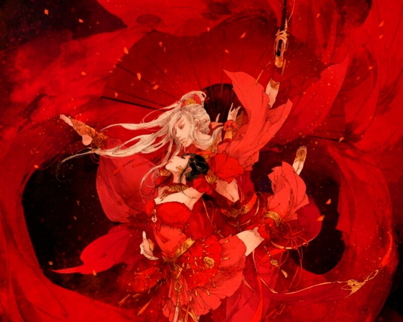 Two Figures in Red Robes — Dramatic