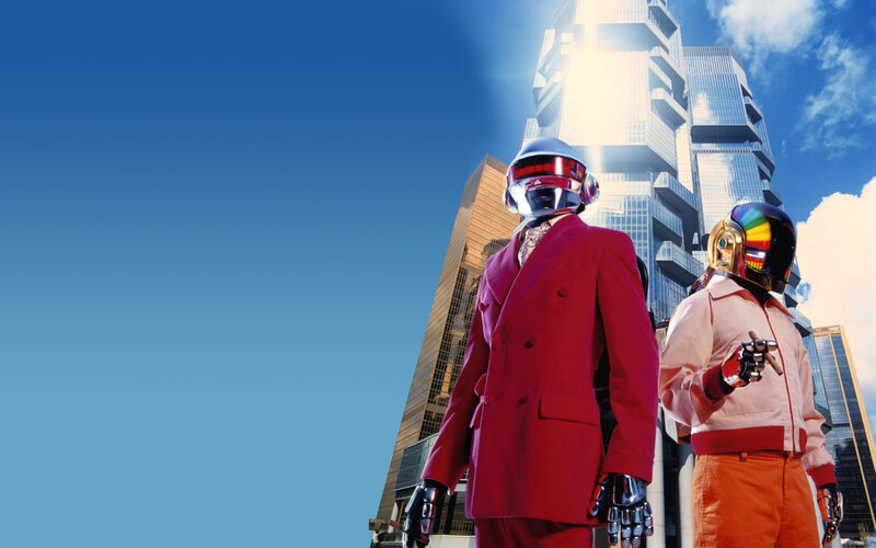 Two Figures in Robot Helmets — Blue