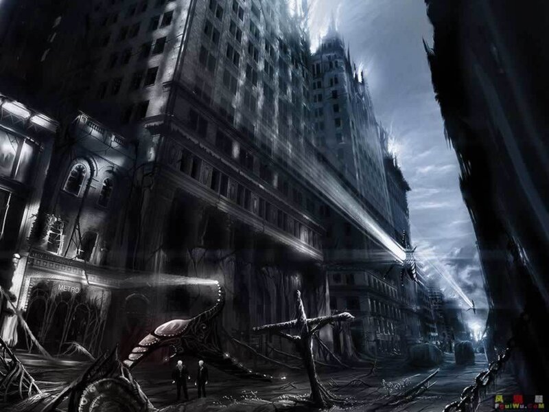 Two Figures in Ruined City — Black