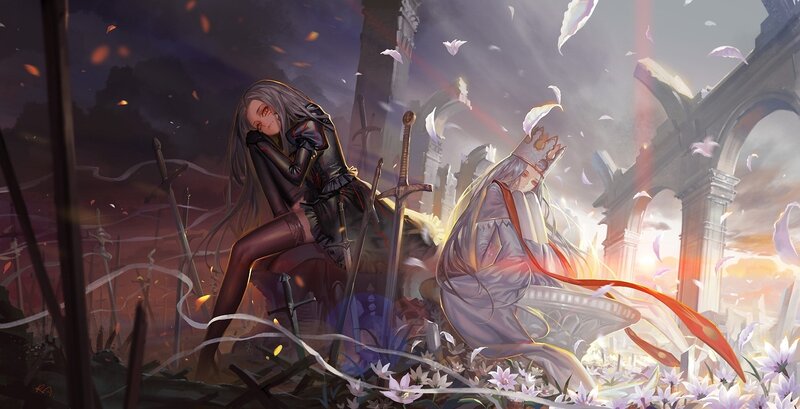 Two Figures in Ruins — Purple, Dramatic