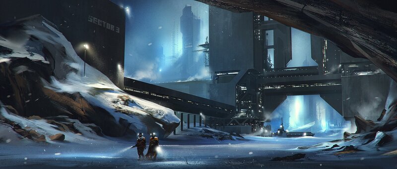 Two Figures in Snow — Blue, Dramatic, Night, Digital Art