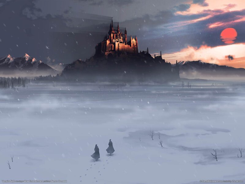 Two Figures in Snow — White, Dramatic, Winter, Digital Art, Castle
