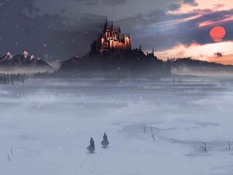 Two Figures in Snow — White, Dramatic, Winter, Digital Art