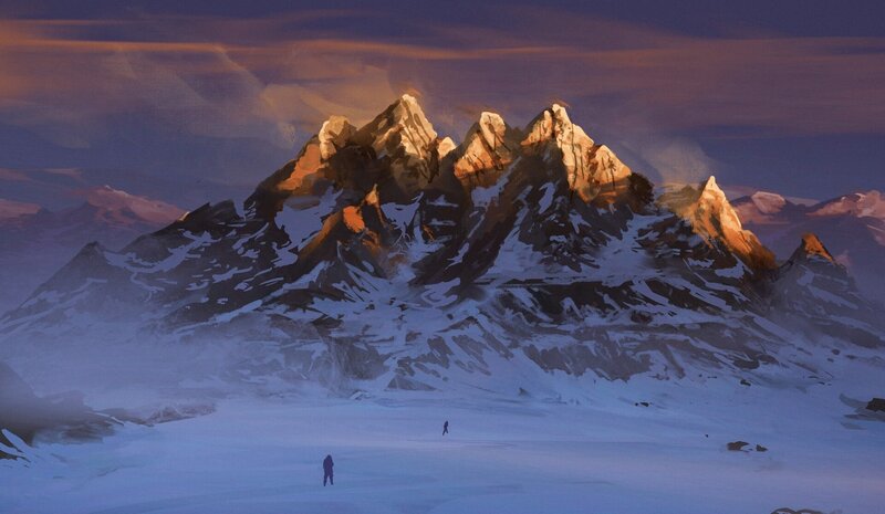 Two Figures in Snowy Mountains
