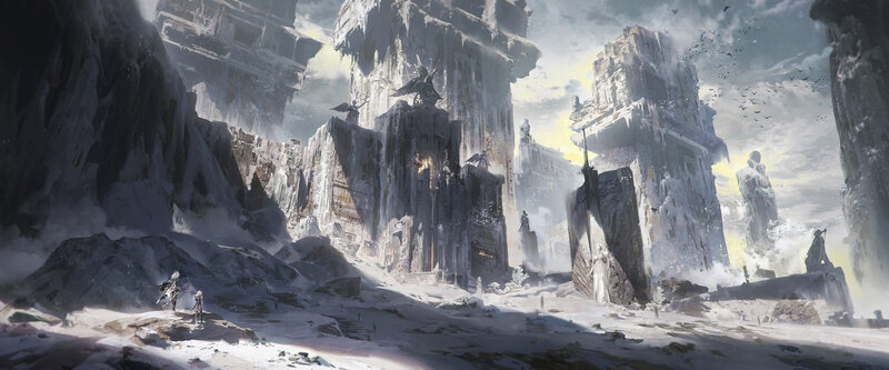 Two Figures in Snowy Ruins — Gray