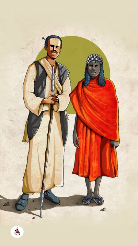 Two Figures in Traditional Clothing — Beige