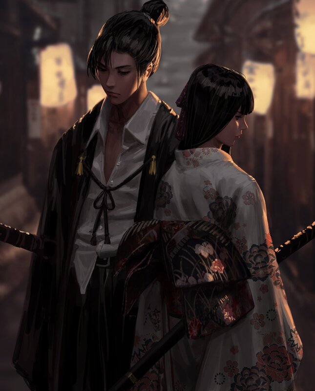 Two Figures in Traditional Clothing — Black